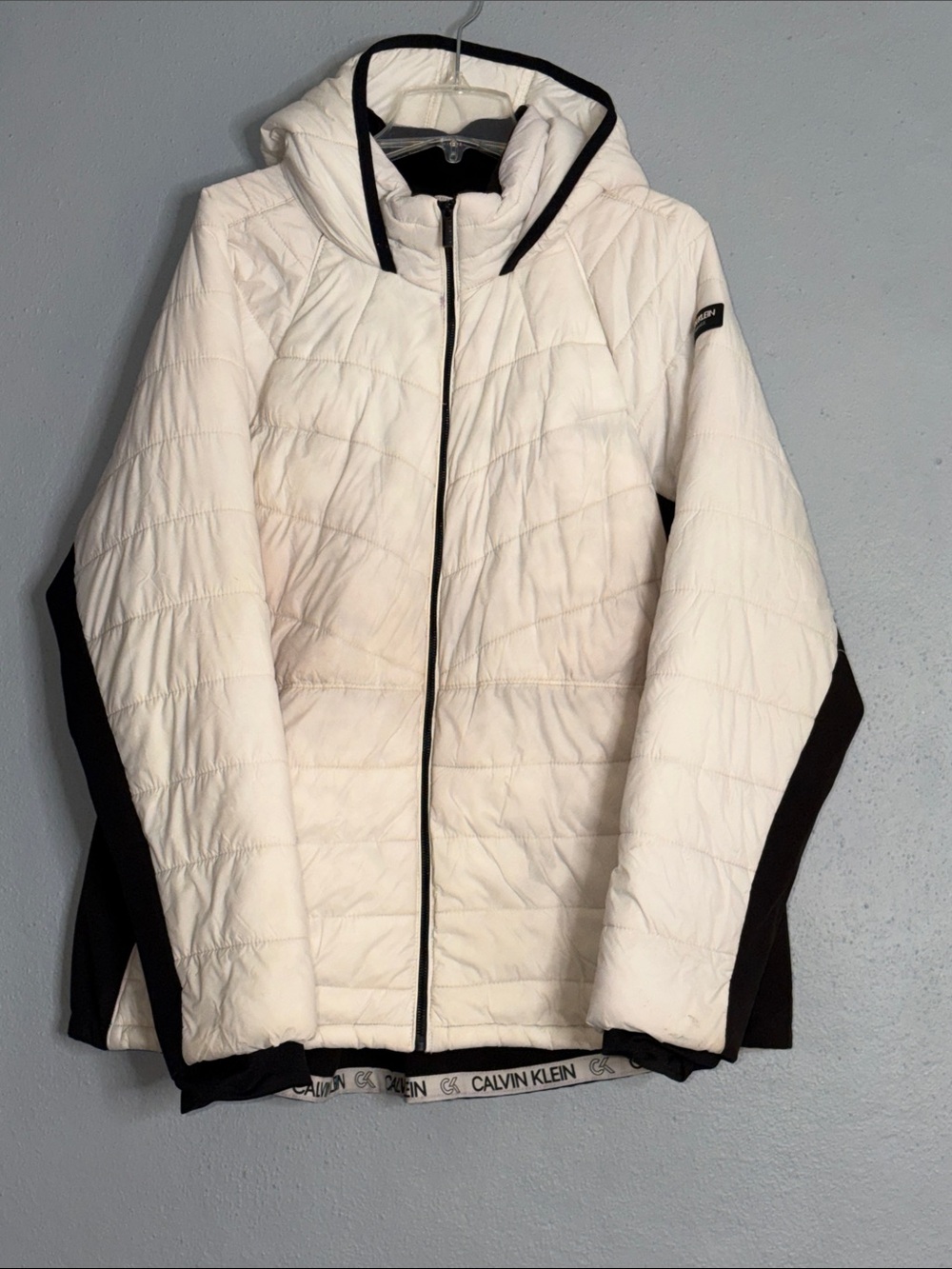 Calvin Klein Cream Quilted Hooded Puffer with Black Trim